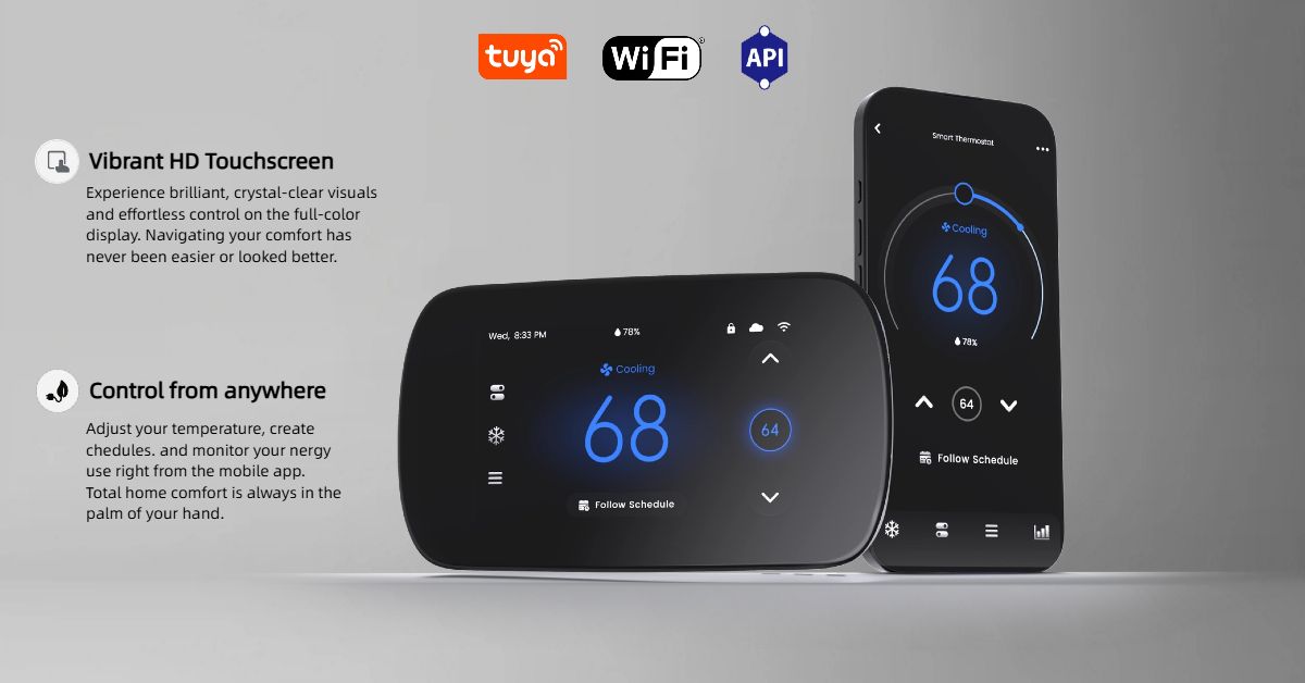 24vac heating and cooling system, 4.3 in. full-colorl LCD touchscreen, 7-day customizable Fan/Temp programming schedule