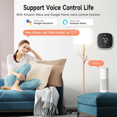 AlexaとGoogleアシスタントによる音声制御に対応したWi-Fiスマートサーモスタットで、ハンズフリーで空調を制御できます。